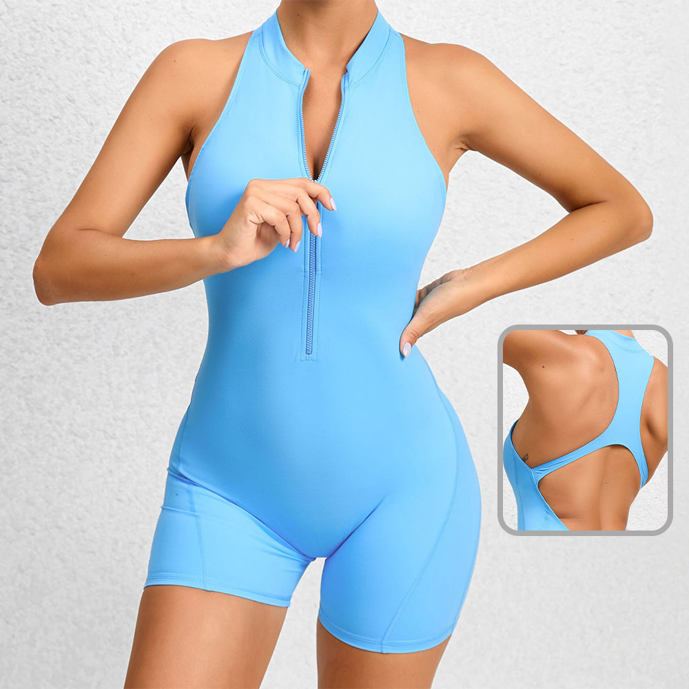 All-in-One Sculpting Zip Fitness Shorts Jumpsuit