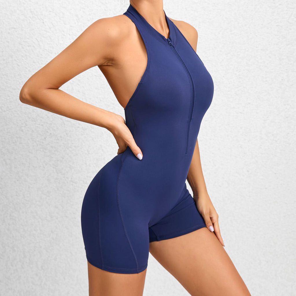 All-in-One Sculpting Zip Fitness Shorts Jumpsuit